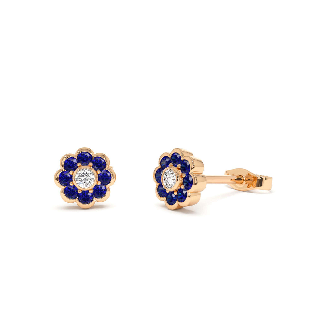 Bezel Setting Sapphire Flower Diamond Studs in 14K Gold — view 4