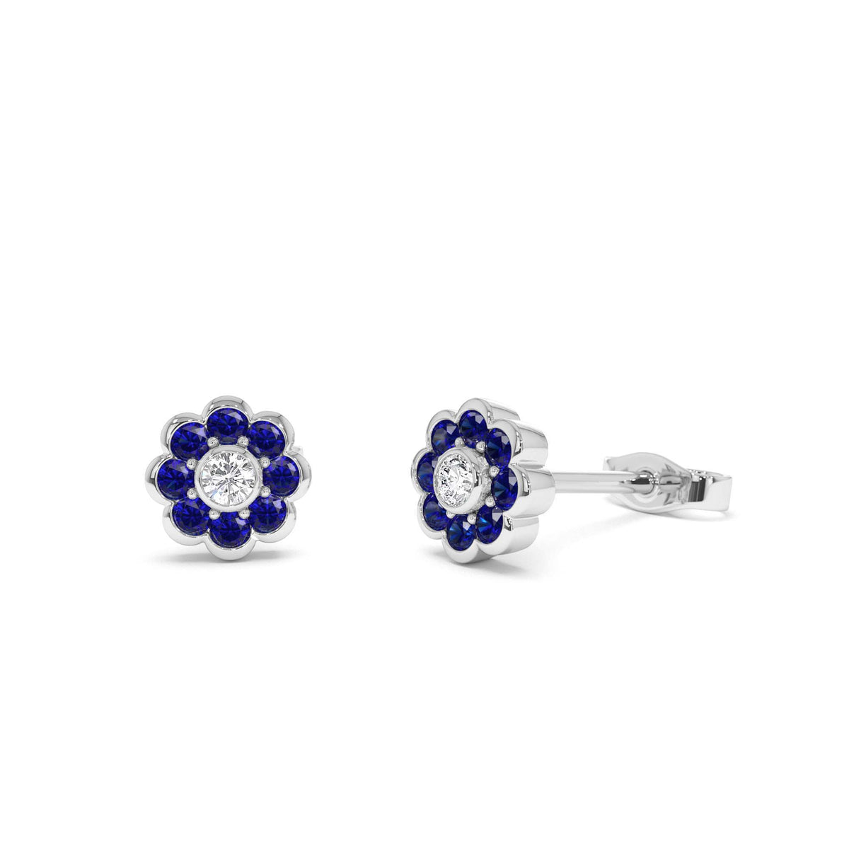 Bezel Setting Sapphire Flower Diamond Studs in 14K Gold — view 3