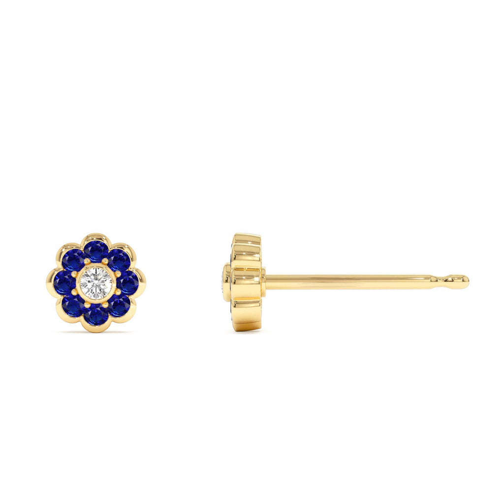 Bezel Setting Sapphire Flower Diamond Studs in 14K Gold — view 2