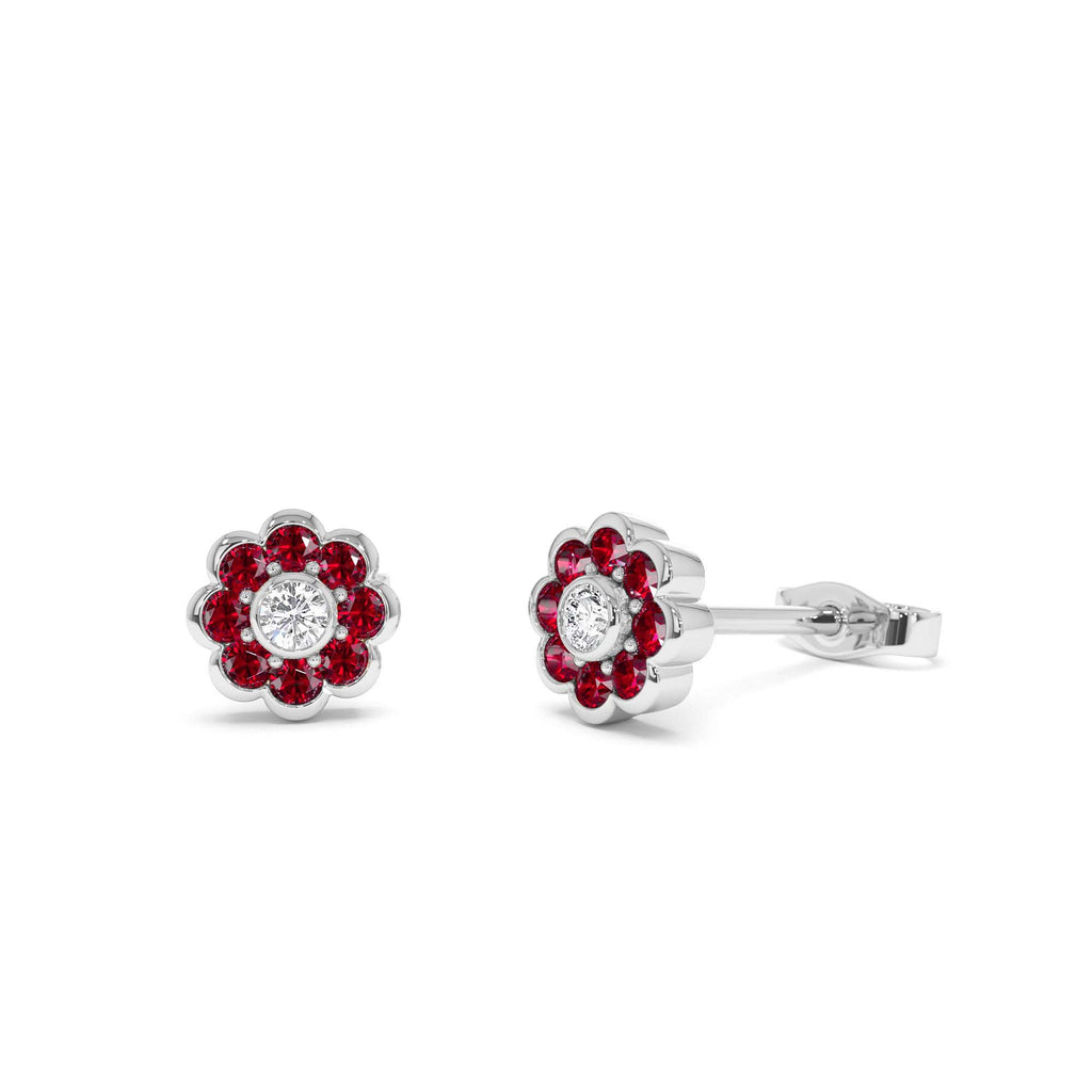 Bezel Setting Ruby Flower Diamond Studs in 14K Gold — view 3