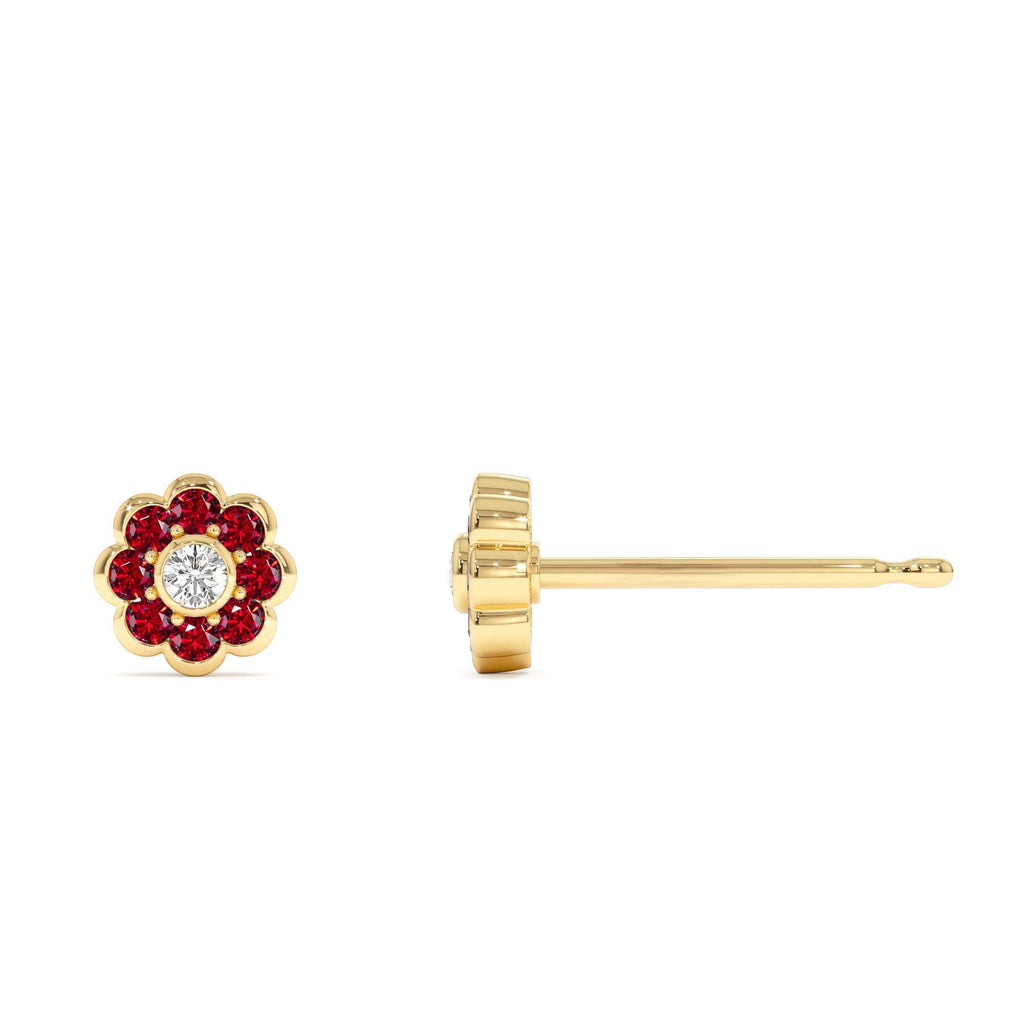 Bezel Setting Ruby Flower Diamond Studs in 14K Gold — view 2