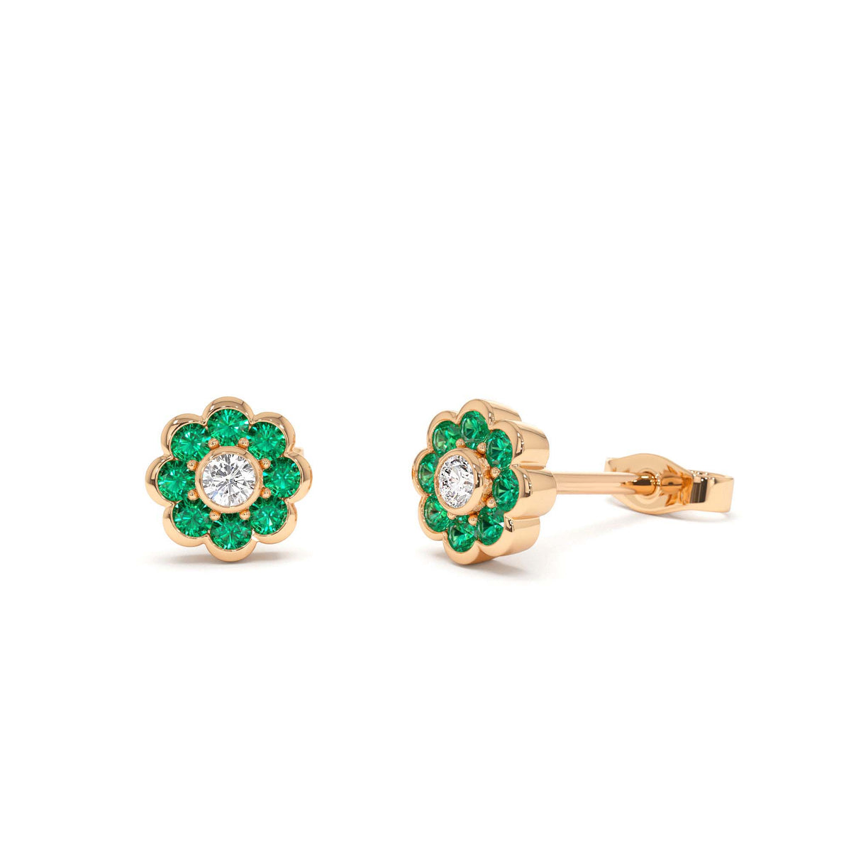 Bezel Setting Emerald Flower Diamond Studs in 14K Gold — view 4