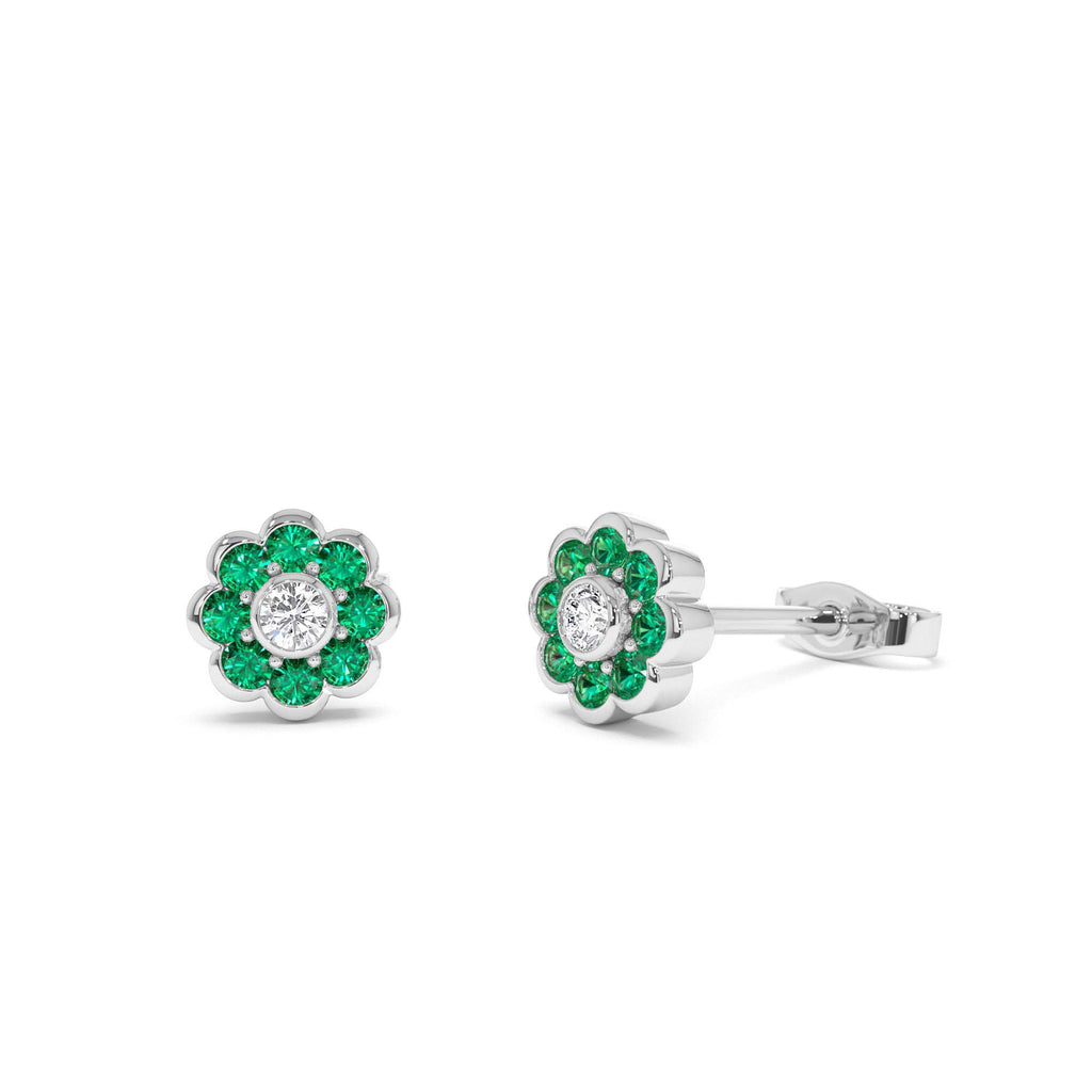Bezel Setting Emerald Flower Diamond Studs in 14K Gold — view 3