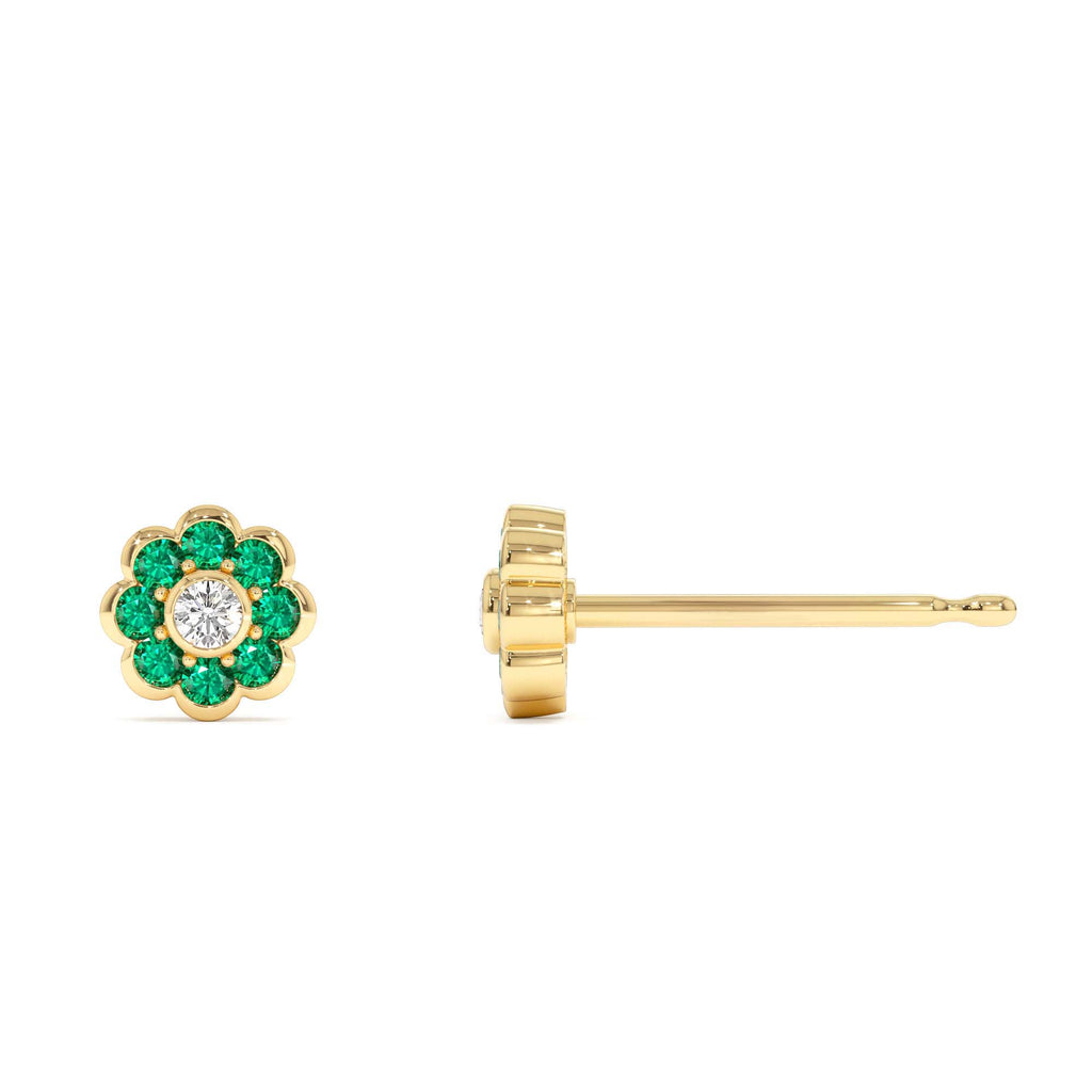 Bezel Setting Emerald Flower Diamond Studs in 14K Gold — view 2