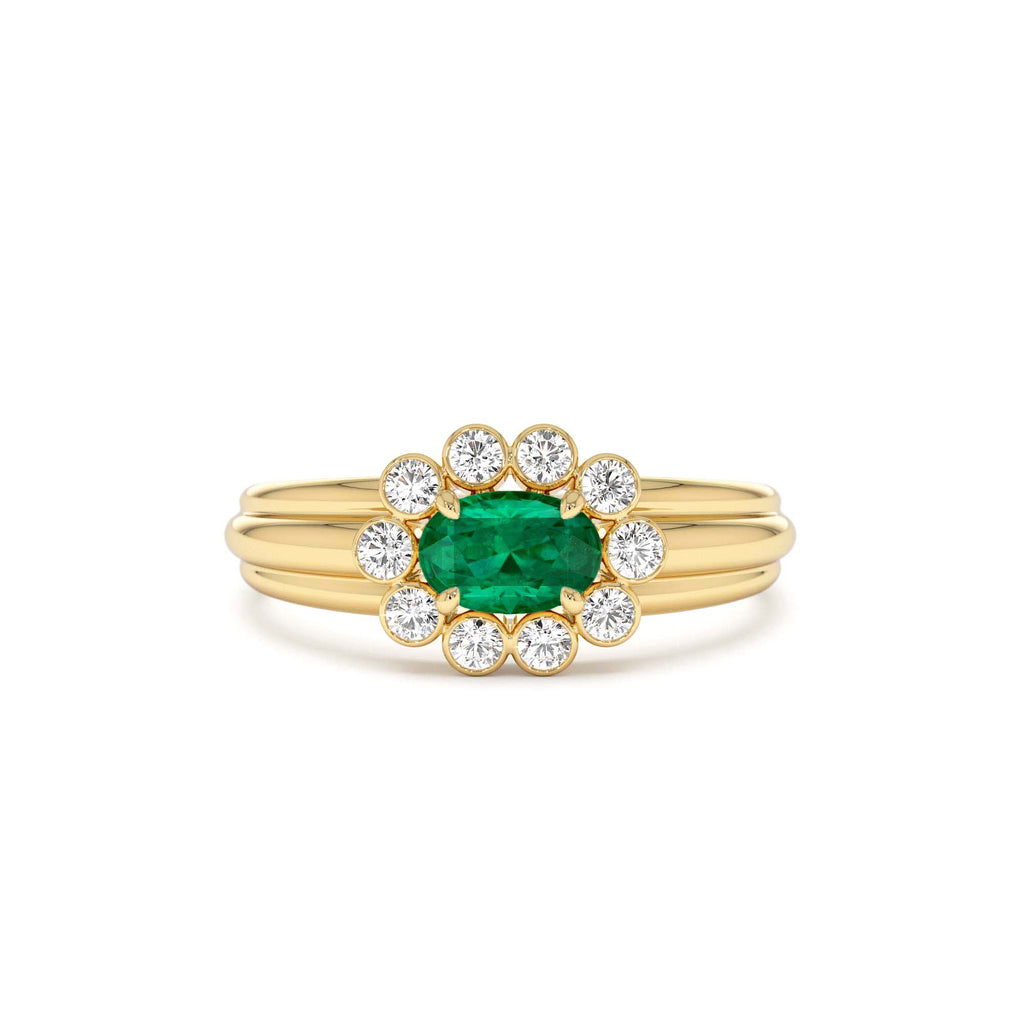 Oval Shaped Emerald with Bezel Hale Setting Ring in 14K Gold — view 1