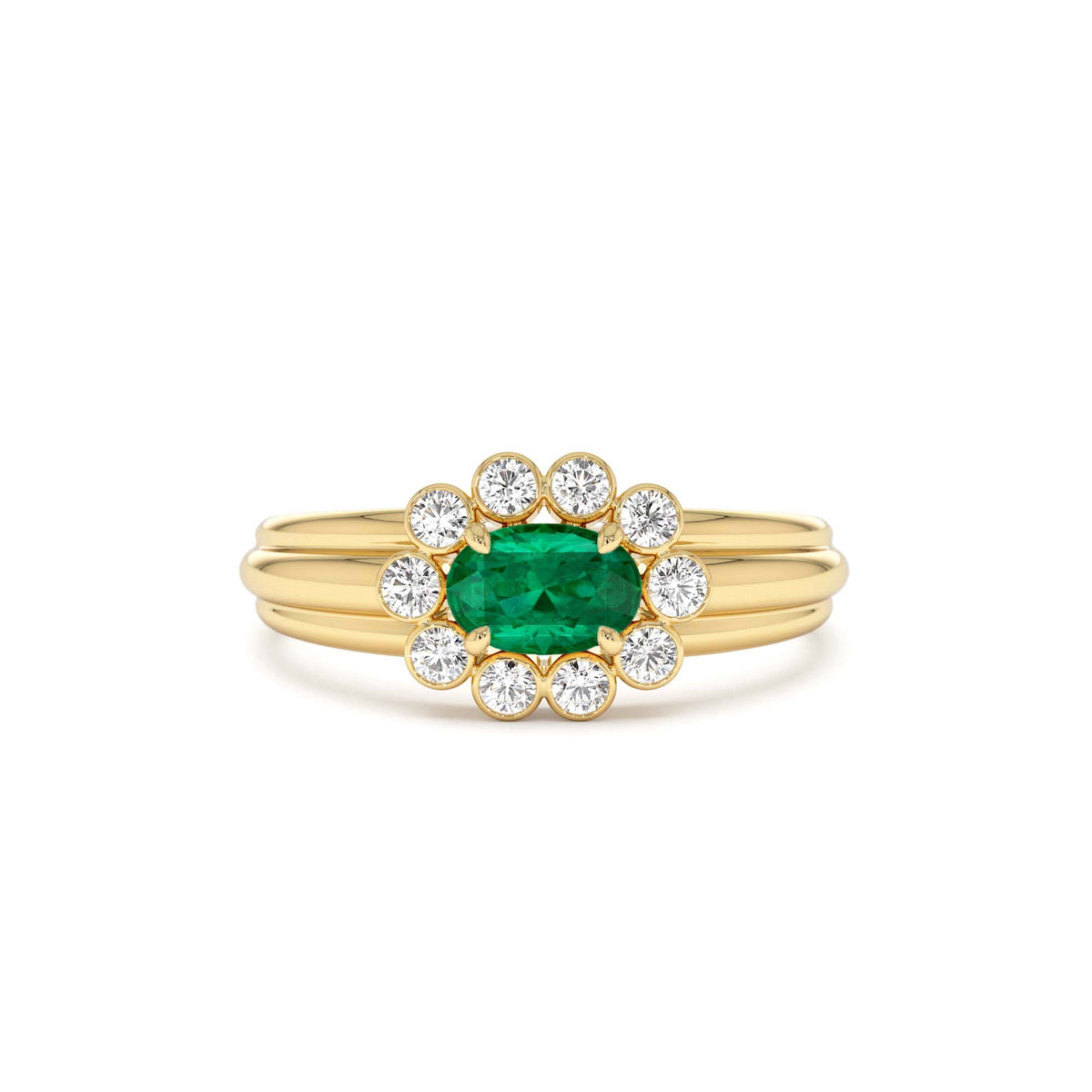 Oval Shaped Emerald with Bezel Hale Setting Ring in 14K Gold — view 1