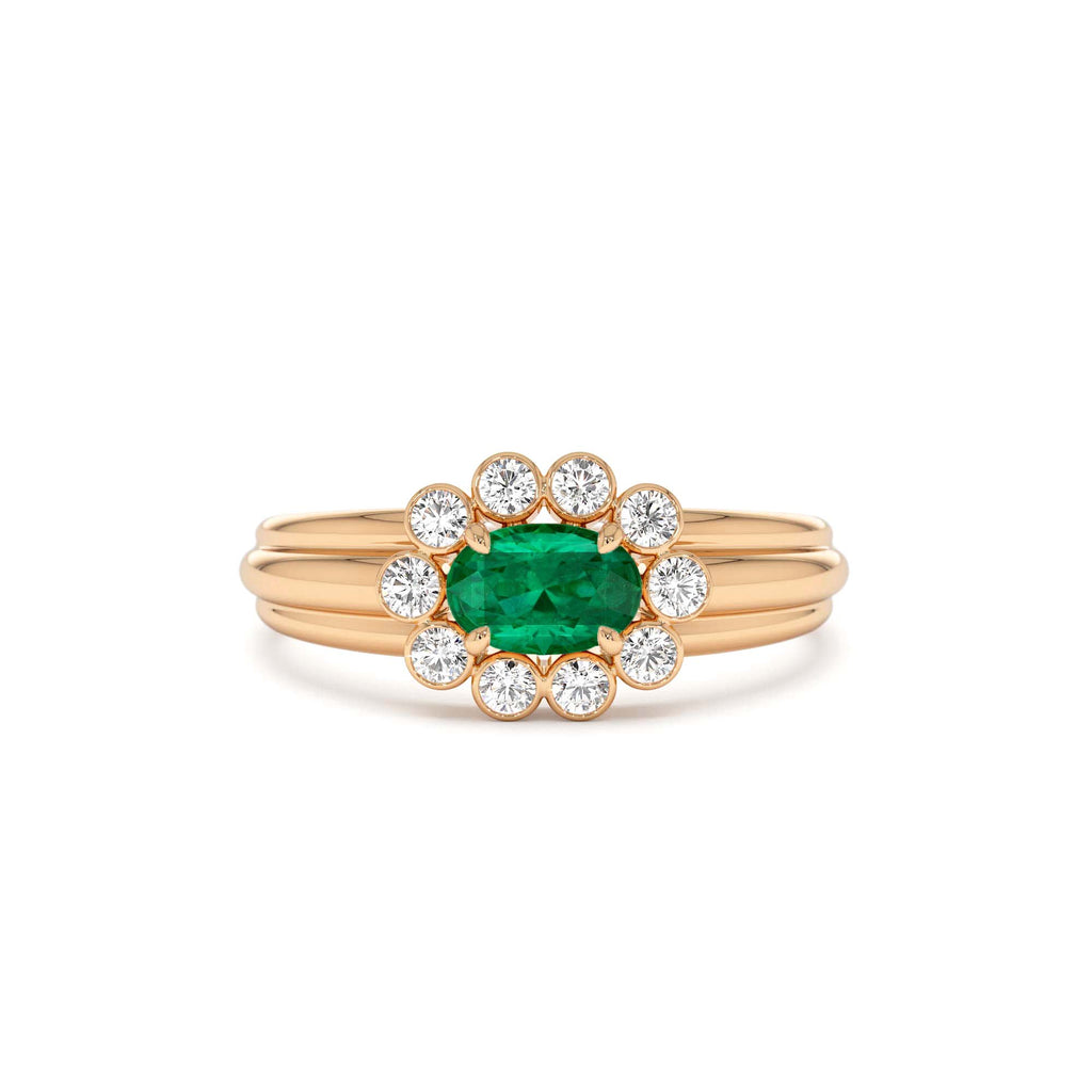 Oval Shaped Emerald with Bezel Hale Setting Ring in 14K Gold — view 5