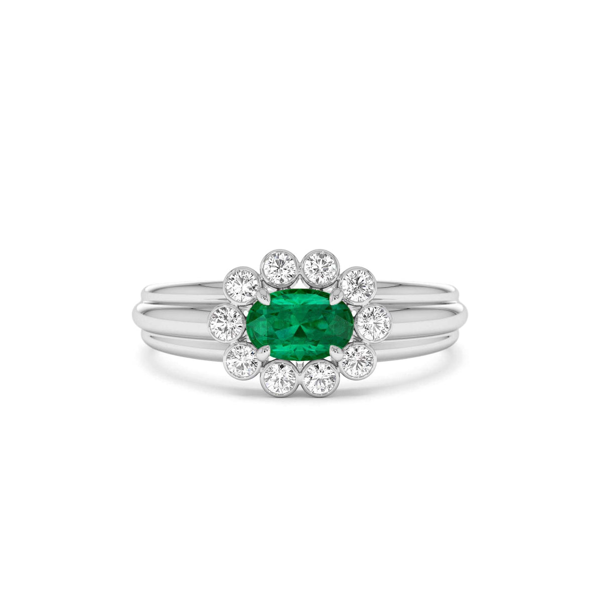 Oval Shaped Emerald with Bezel Hale Setting Ring in 14K Gold — view 4