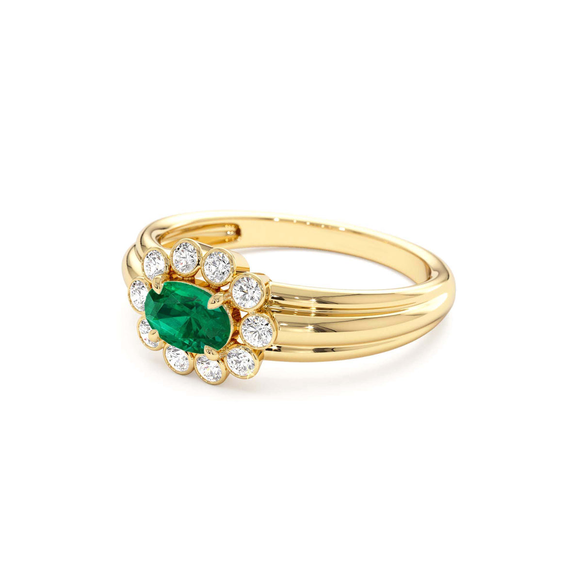 Oval Shaped Emerald with Bezel Hale Setting Ring in 14K Gold — view 2
