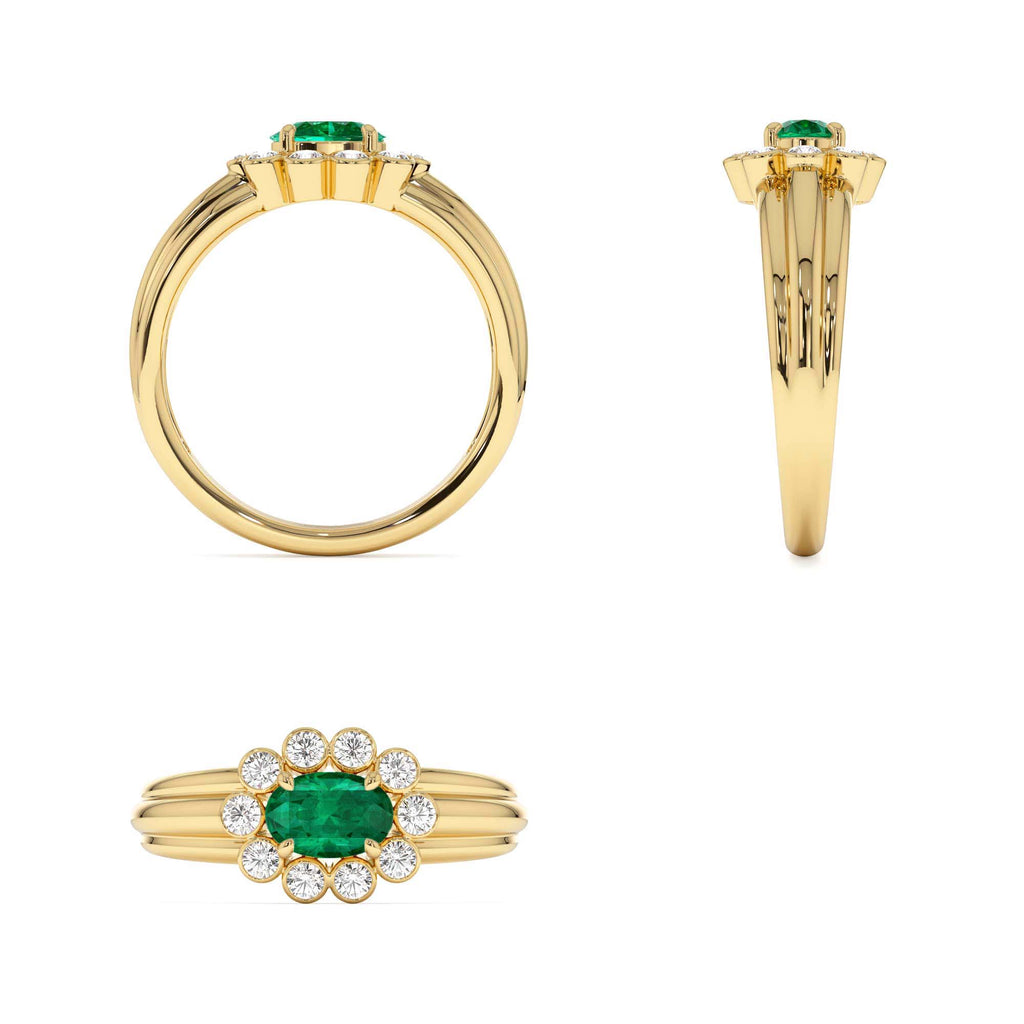 Oval Shaped Emerald with Bezel Hale Setting Ring in 14K Gold — view 3