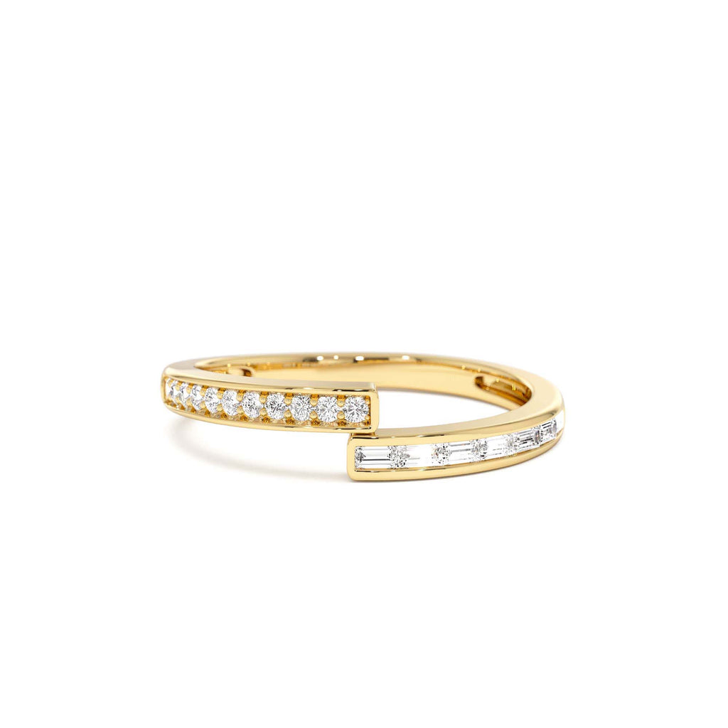 Baguette and Round Diamond Crossover Ring in 14K Gold — view 1