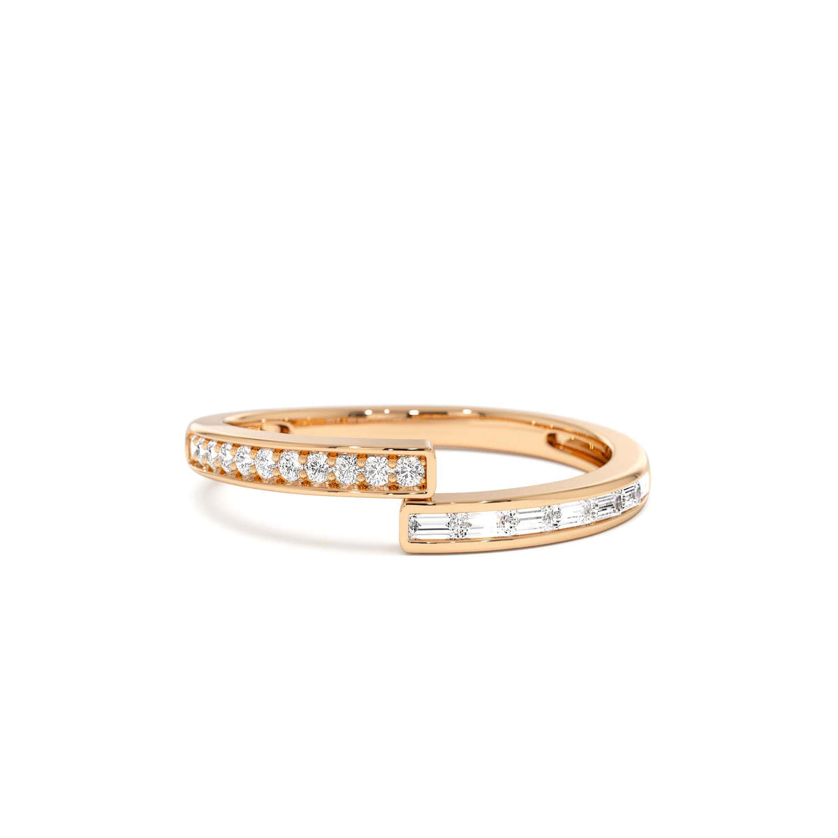 Baguette and Round Diamond Crossover Ring in 14K Gold — view 5