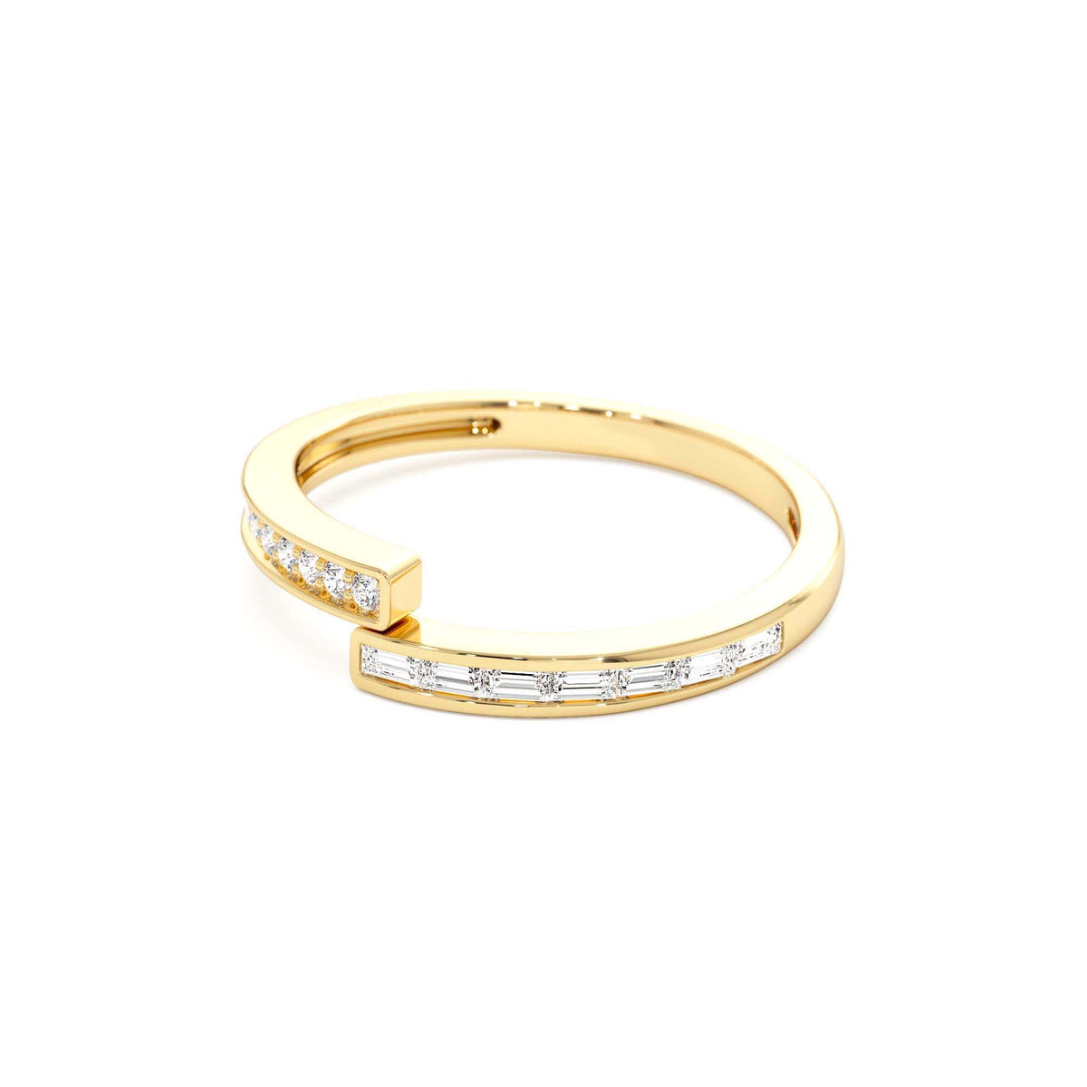 Baguette and Round Diamond Crossover Ring in 14K Gold — view 2