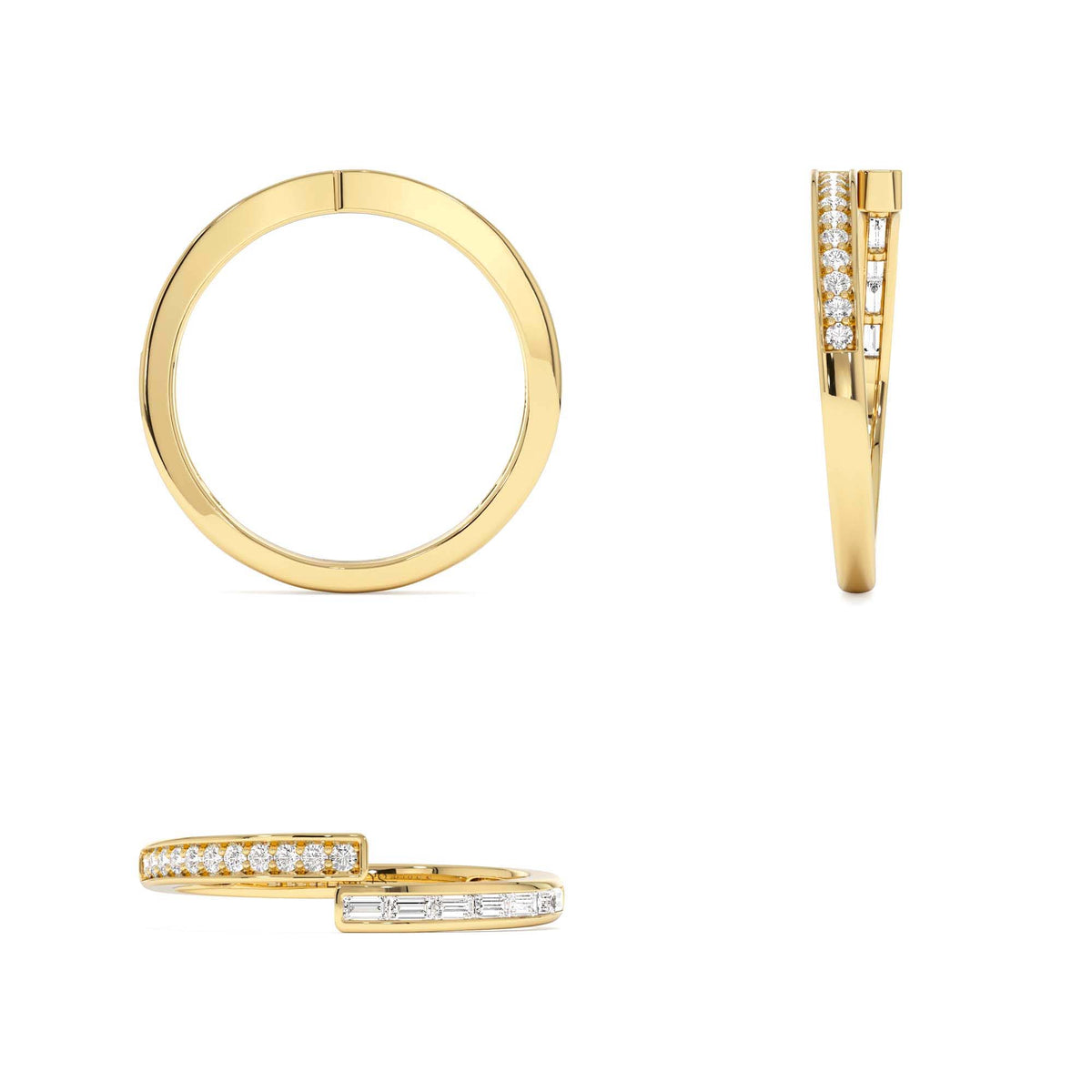 Baguette and Round Diamond Crossover Ring in 14K Gold — view 3