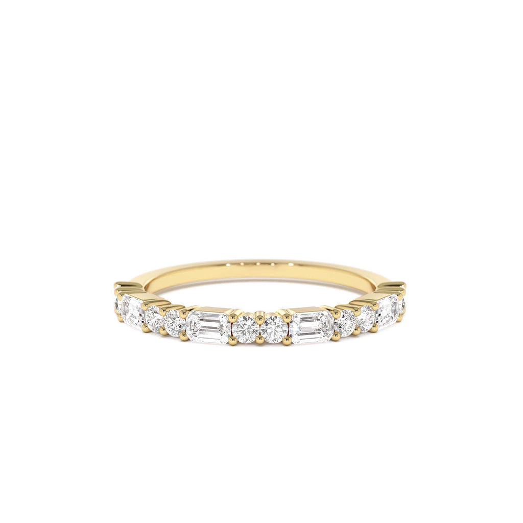 Alternating Emerald Cut and Round Diamond Ring in 14K Gold — view 1