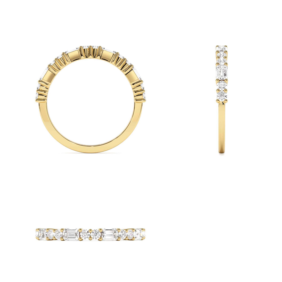 Alternating Emerald Cut and Round Diamond Ring in 14K Gold — view 3