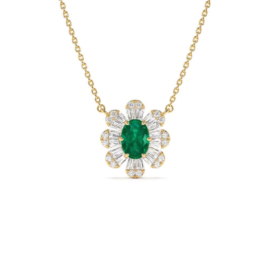 Oval Shape Emerald Necklace with Baguettes in 14K Gold — view 1