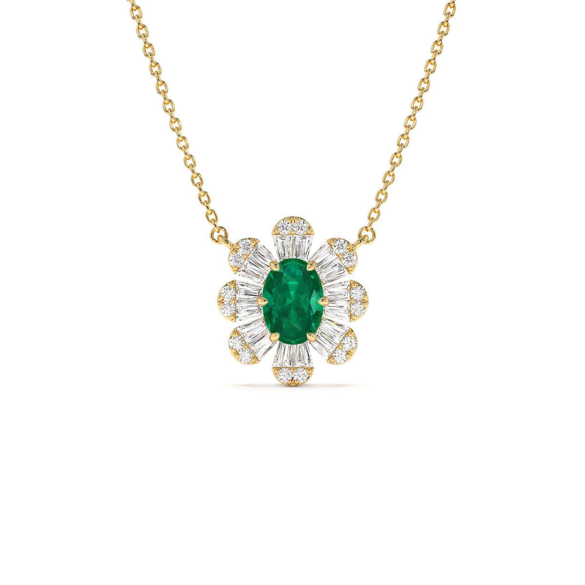 Oval Shape Emerald Necklace with Baguettes in 14K Gold — view 1