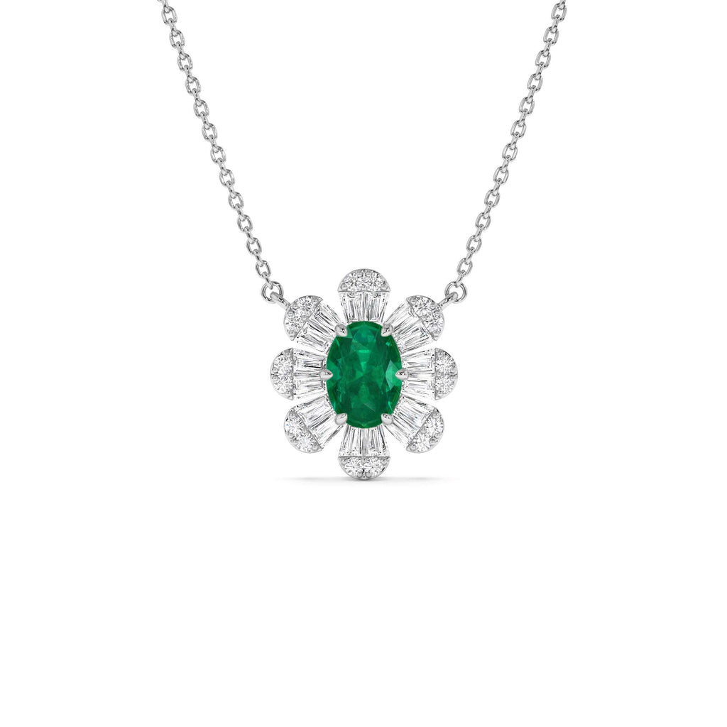 Oval Shape Emerald Necklace with Baguettes in 14K Gold — view 2