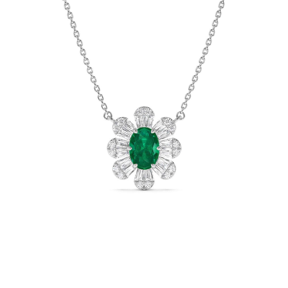 Oval Shape Emerald Necklace with Baguettes in 14K Gold — view 2