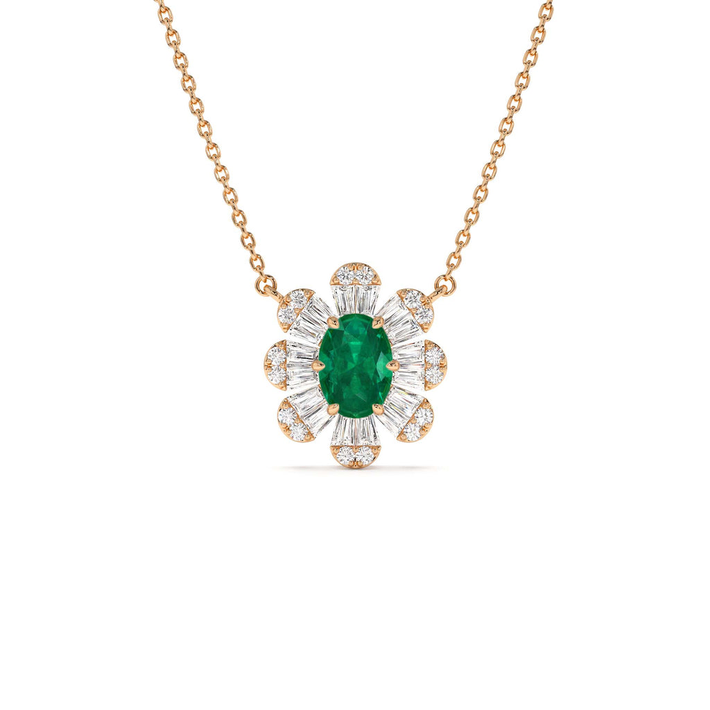 Oval Shape Emerald Necklace with Baguettes in 14K Gold — view 3