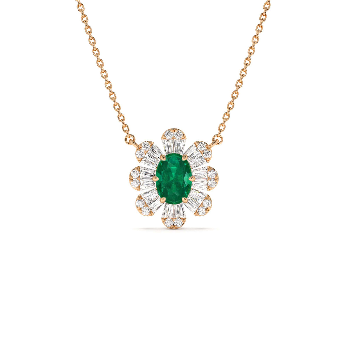 Oval Shape Emerald Necklace with Baguettes in 14K Gold — view 3