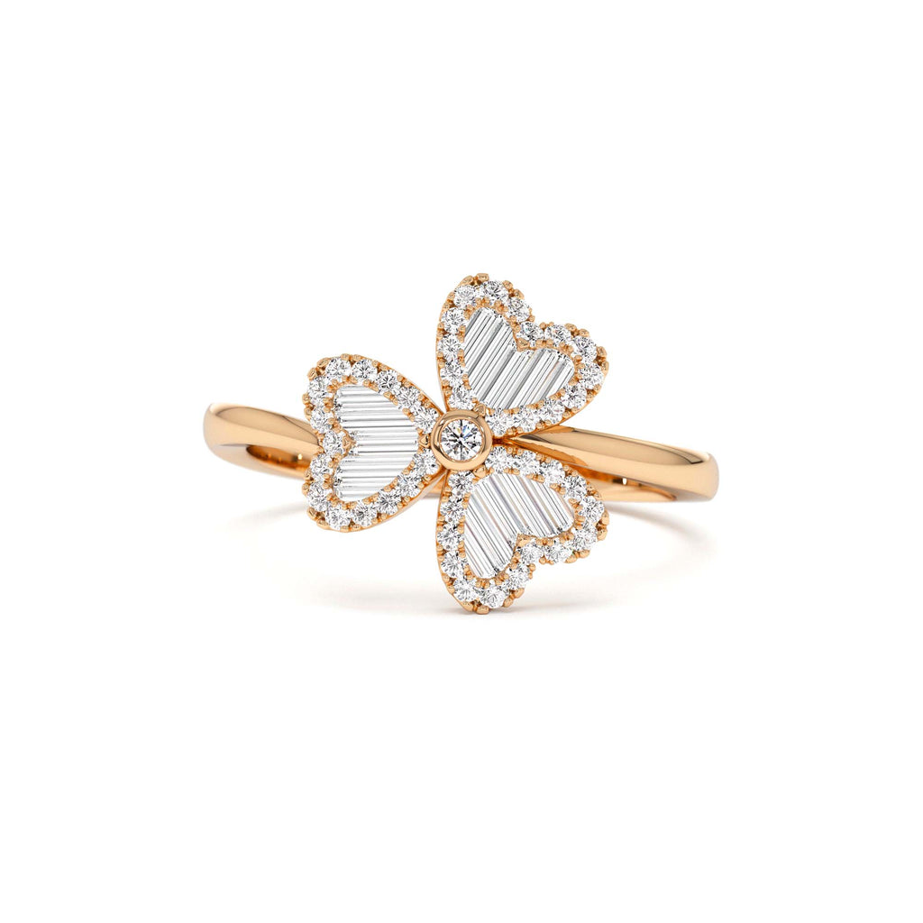 Baguette & Round Diamond Flower Ring in 14K Gold — view 5