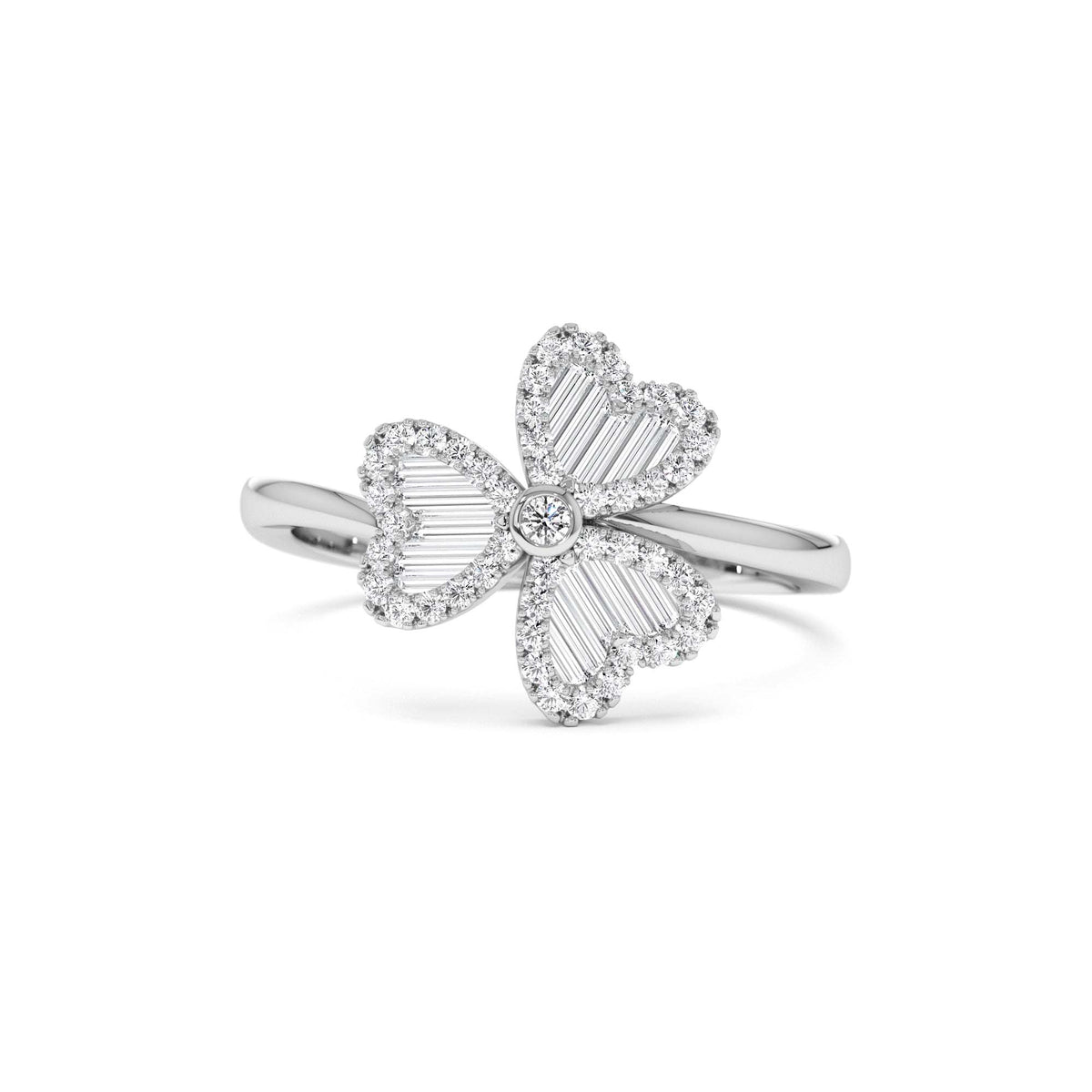 Baguette & Round Diamond Flower Ring in 14K Gold — view 4