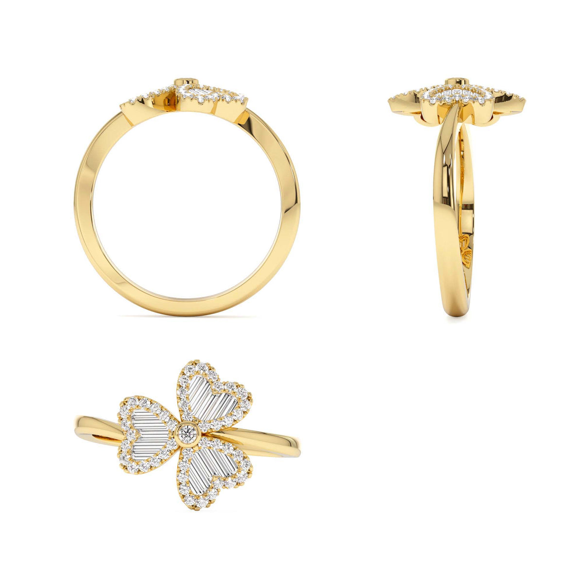 Baguette & Round Diamond Flower Ring in 14K Gold — view 3