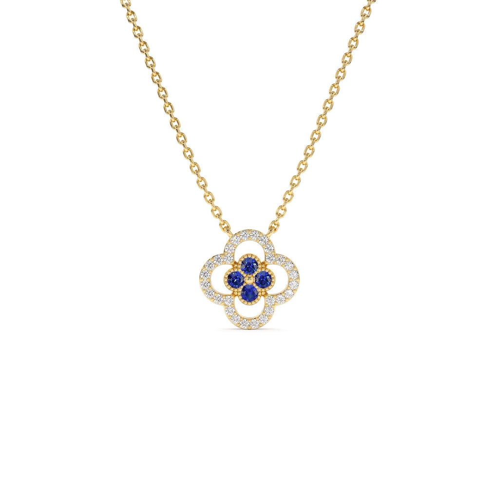 Sapphire Clover Necklace in Halo Setting in 14K Gold — view 1