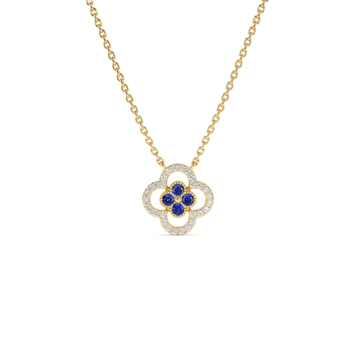 Sapphire Clover Necklace in Halo Setting in 14K Gold — view 1