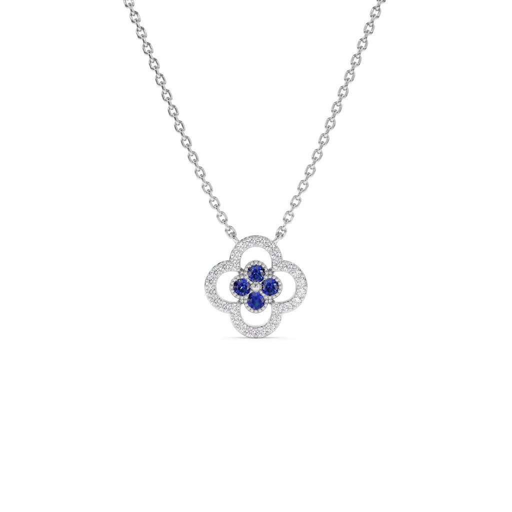 Sapphire Clover Necklace in Halo Setting in 14K Gold — view 2