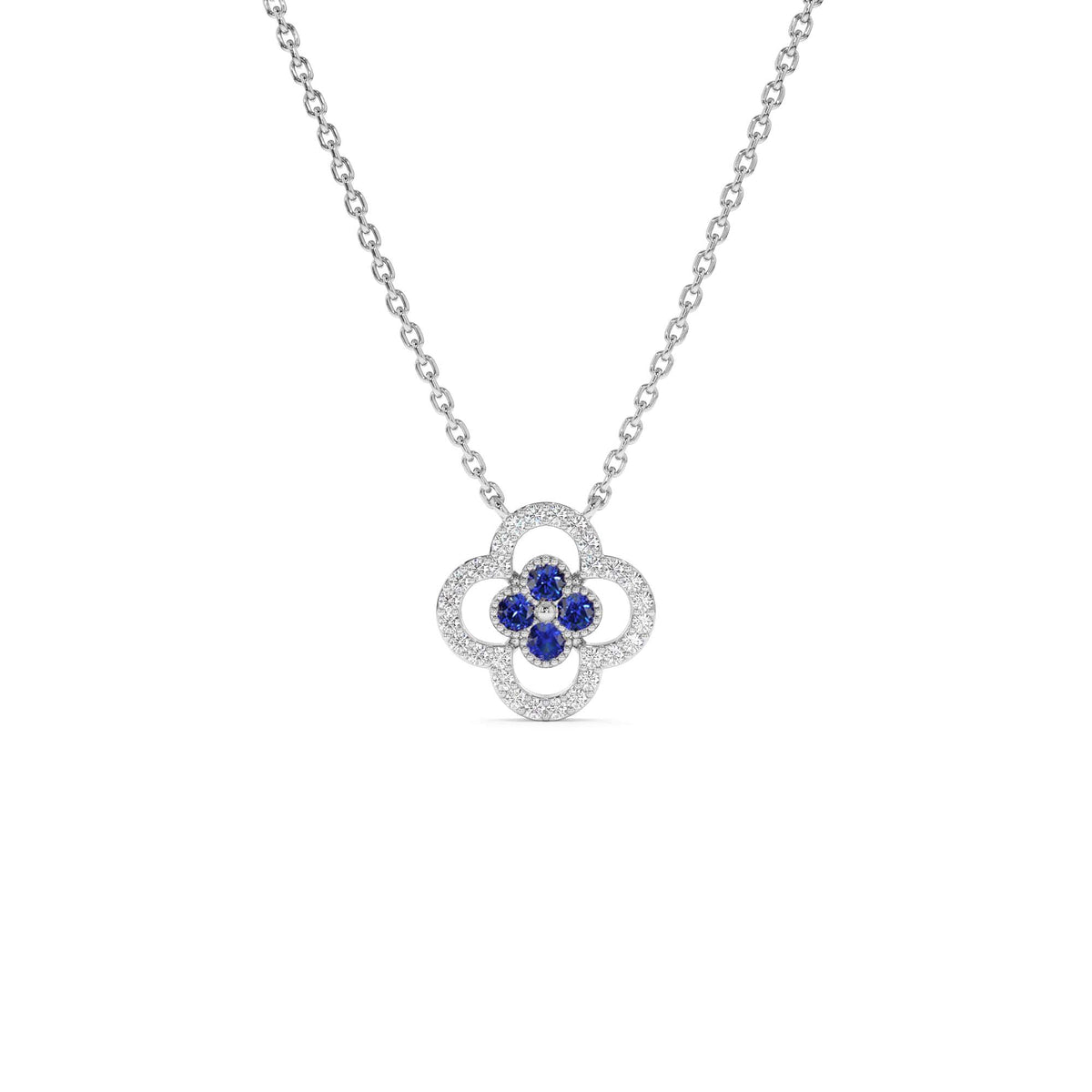 Sapphire Clover Necklace in Halo Setting in 14K Gold — view 2