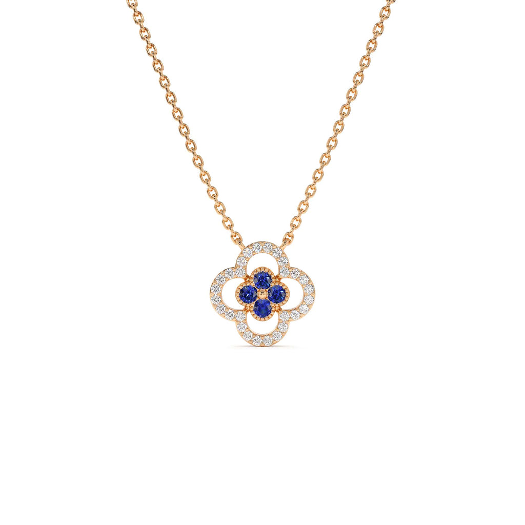 Sapphire Clover Necklace in Halo Setting in 14K Gold — view 3