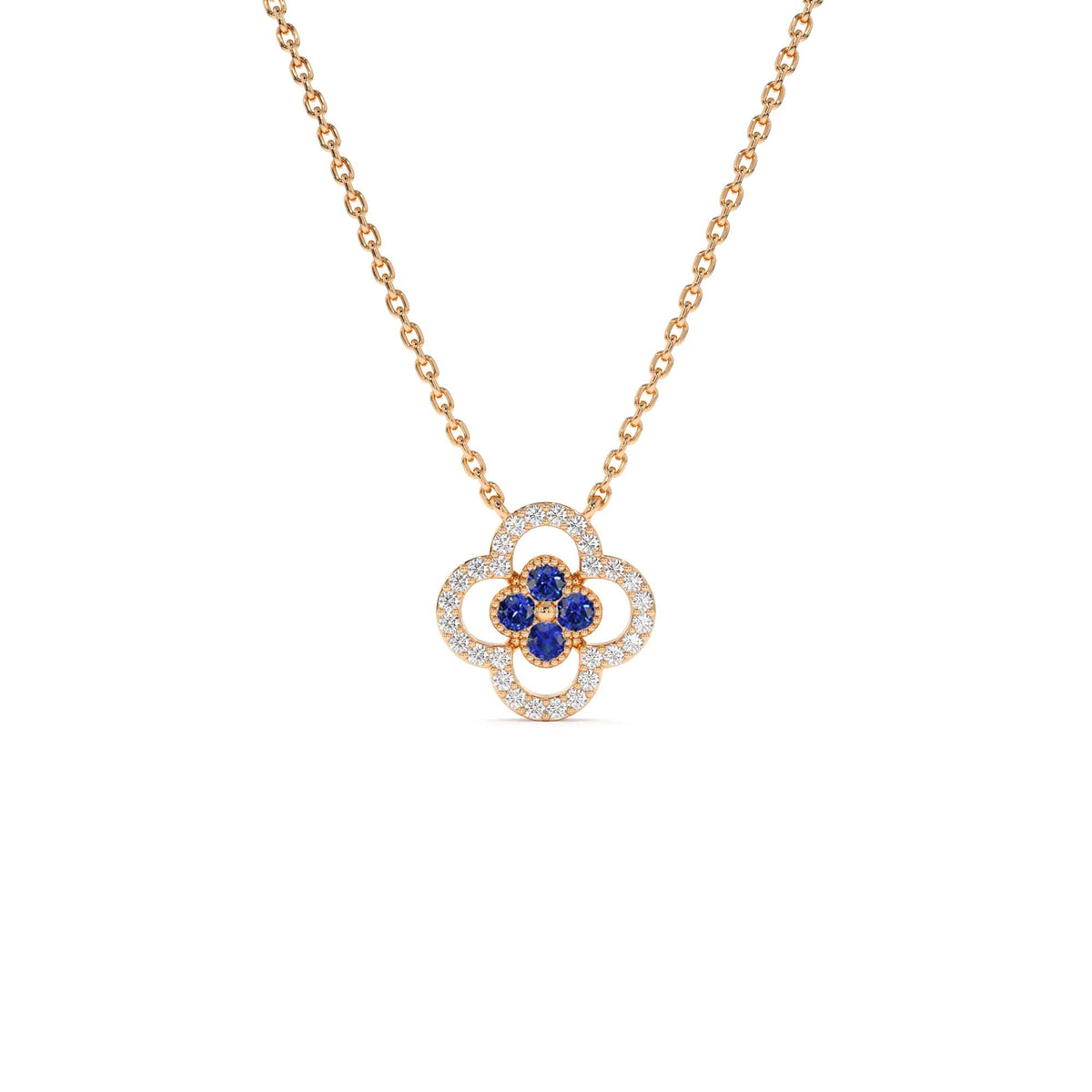 Sapphire Clover Necklace in Halo Setting in 14K Gold — view 3