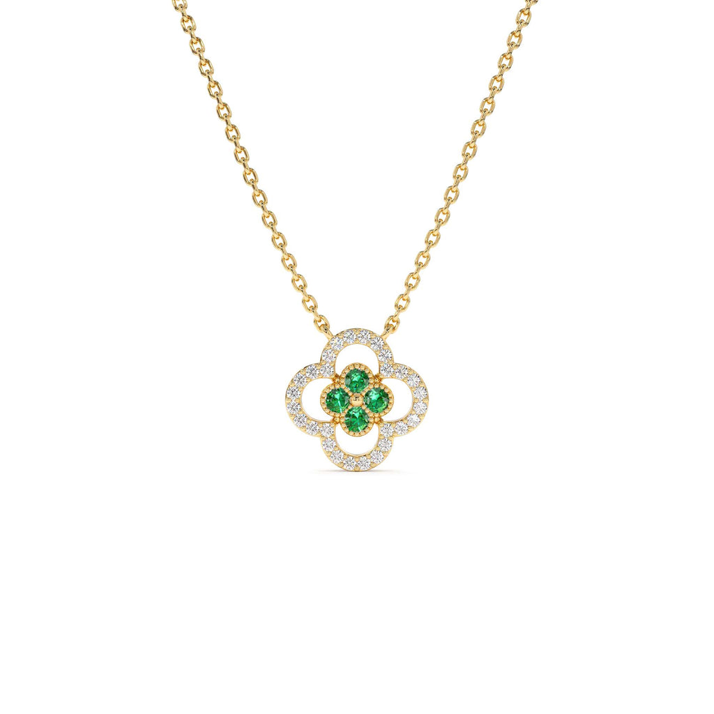 Emerald Clover Necklace in Halo Setting in 14K Gold — view 1