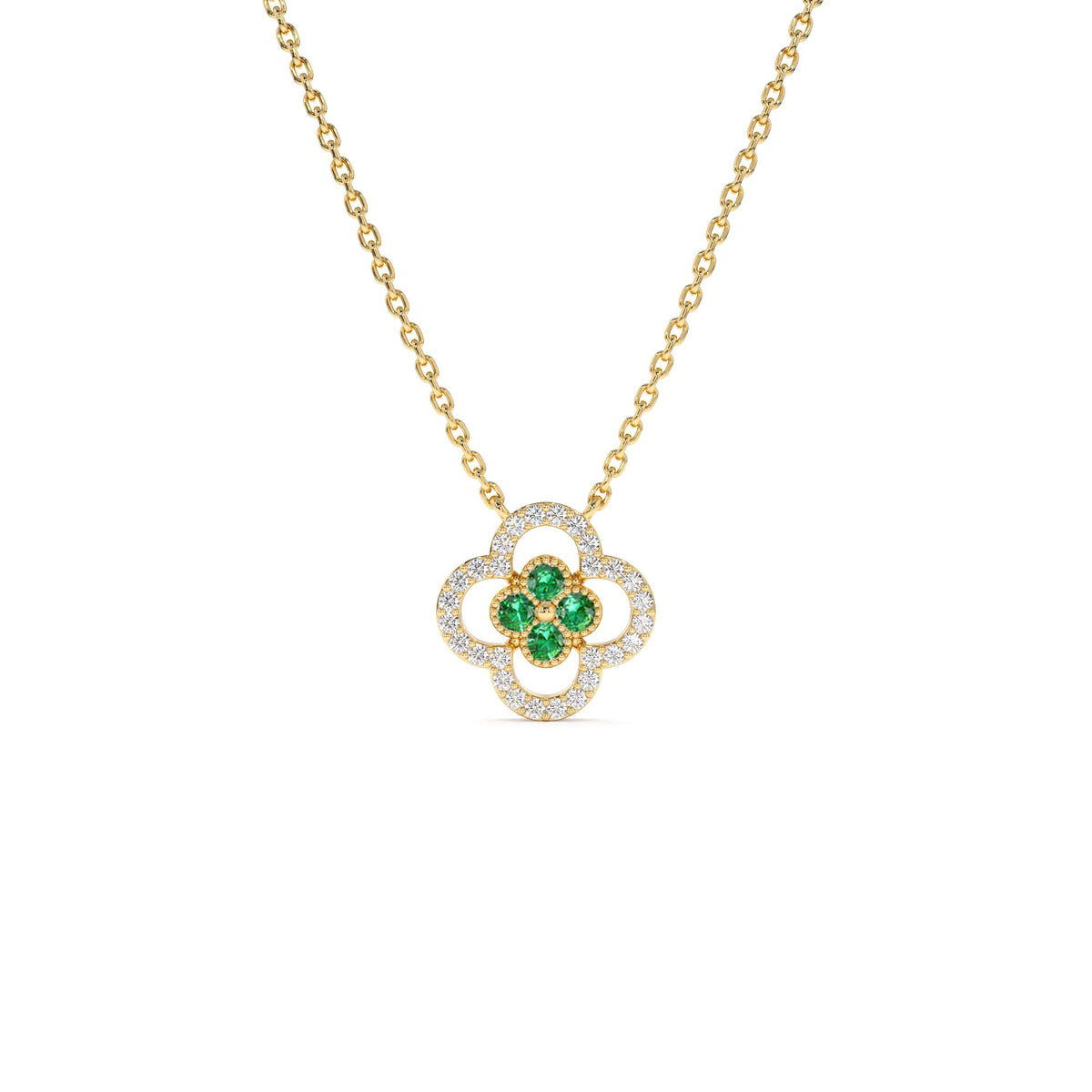 Emerald Clover Necklace in Halo Setting in 14K Gold — view 1