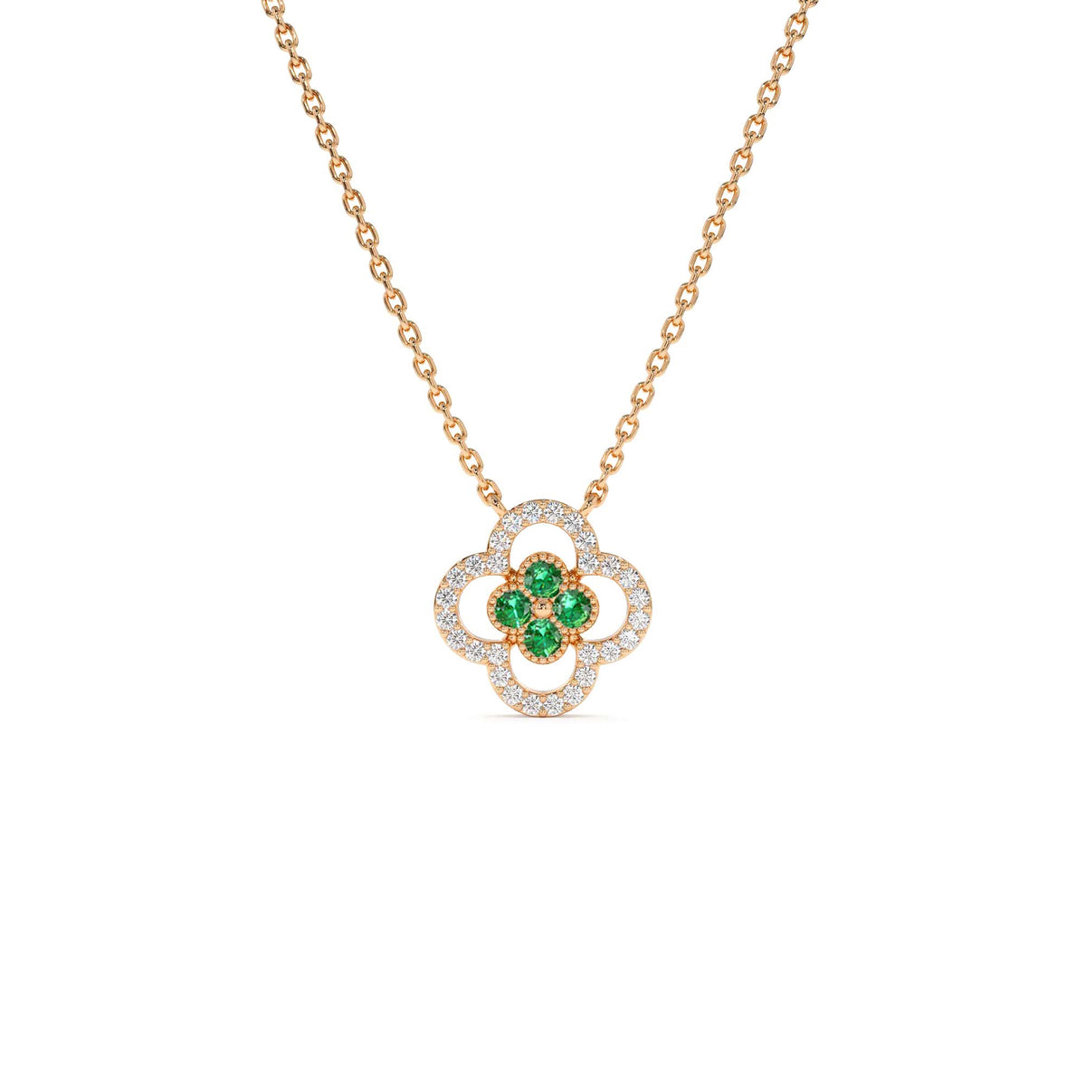 Emerald Clover Necklace in Halo Setting in 14K Gold — view 3