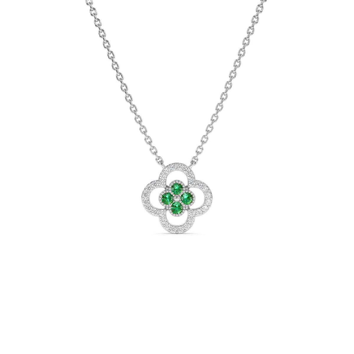 Emerald Clover Necklace in Halo Setting in 14K Gold — view 2