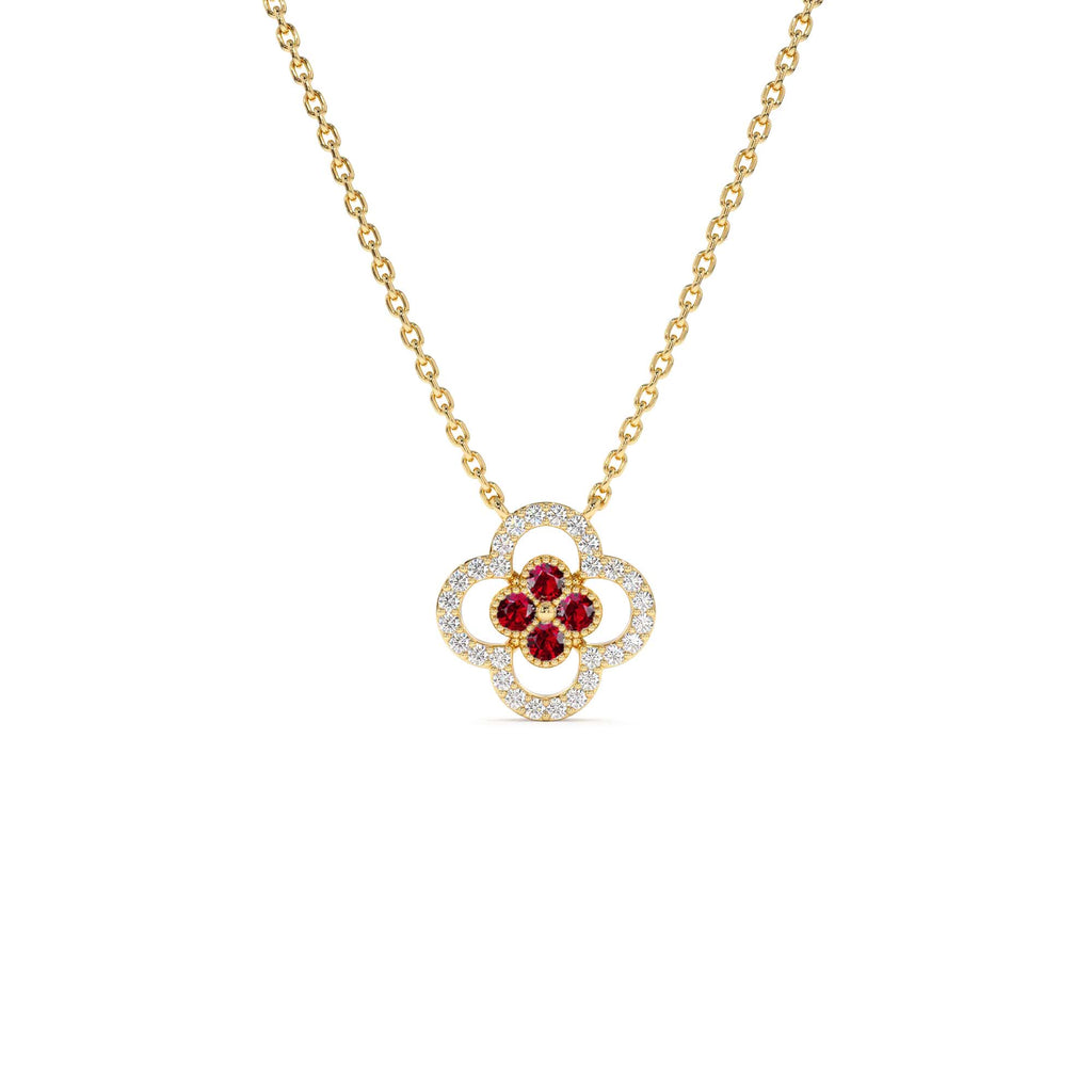 Ruby Clover Necklace in Halo Setting in 14K Gold — view 1