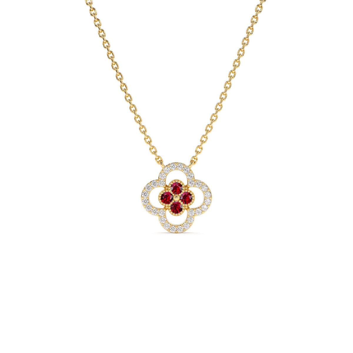 Ruby Clover Necklace in Halo Setting in 14K Gold — view 1