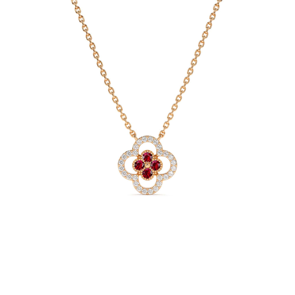 Ruby Clover Necklace in Halo Setting in 14K Gold — view 3