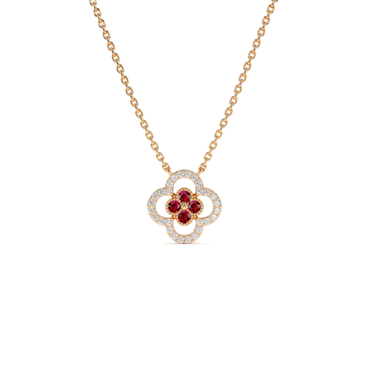 Ruby Clover Necklace in Halo Setting in 14K Gold — view 3