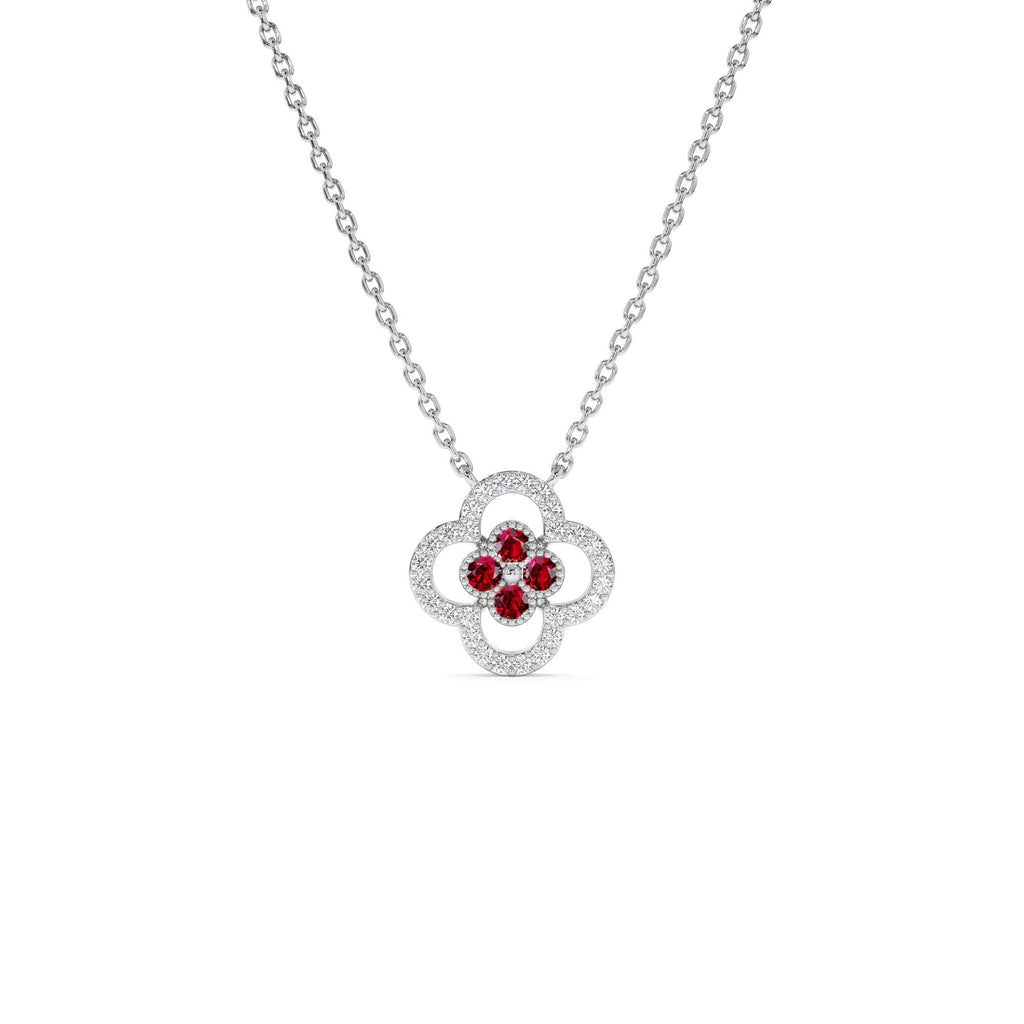 Ruby Clover Necklace in Halo Setting in 14K Gold — view 2
