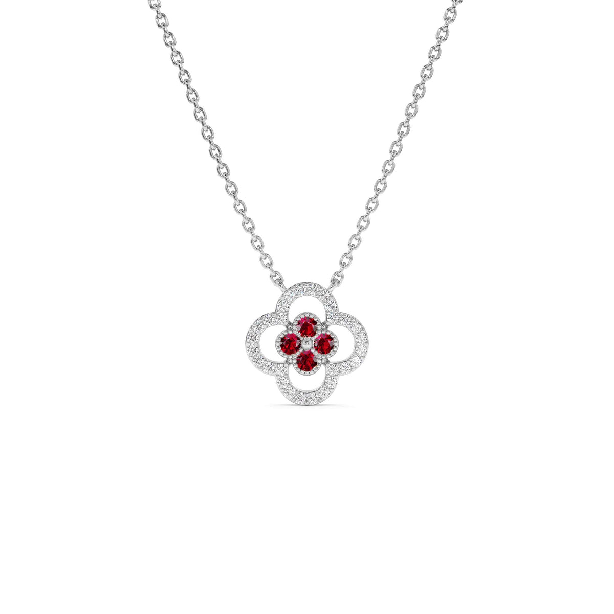 Ruby Clover Necklace in Halo Setting in 14K Gold — view 2