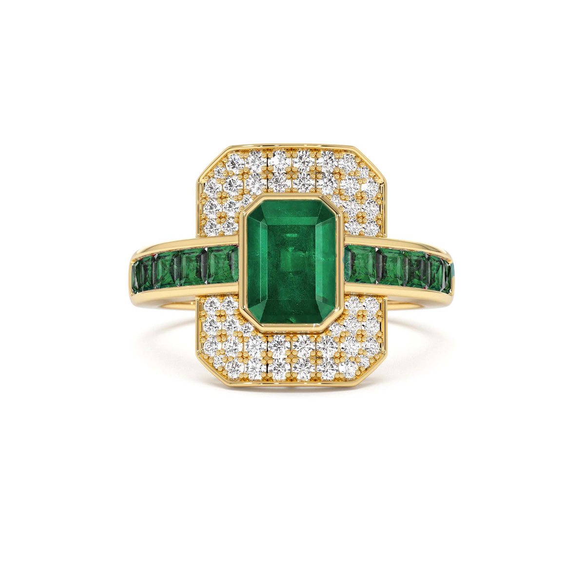 Unique Emerald and Diamond Art Deco Ring in 14K Gold — view 1