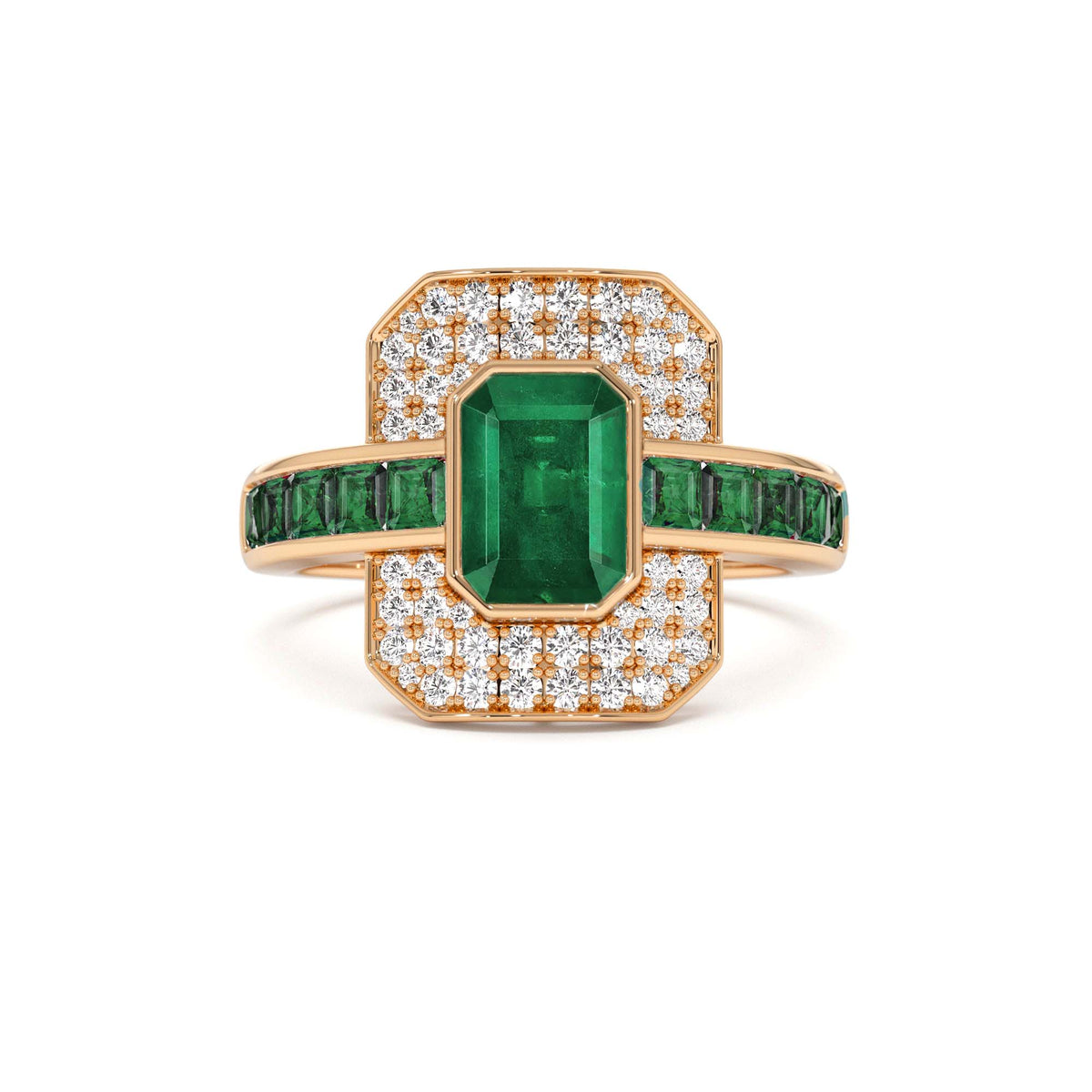 Unique Emerald and Diamond Art Deco Ring in 14K Gold — view 4