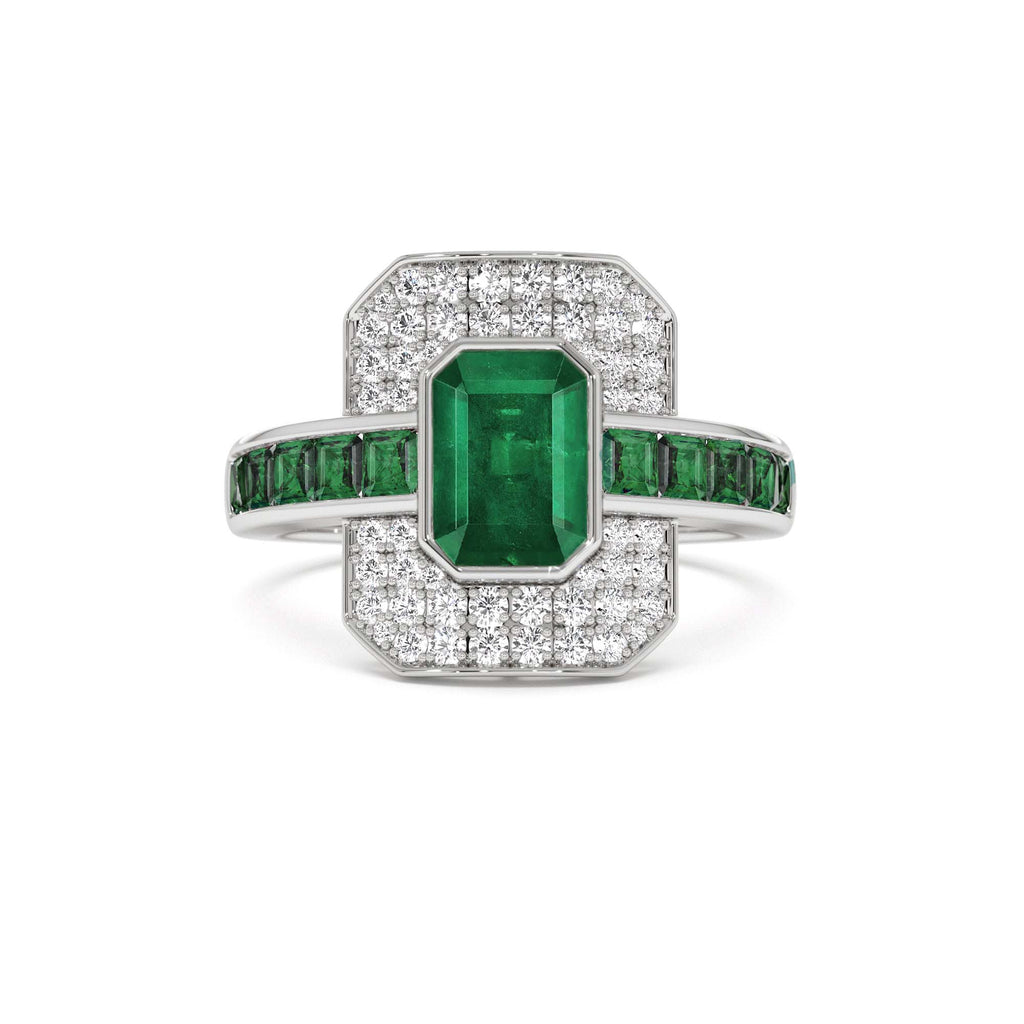 Unique Emerald and Diamond Art Deco Ring in 14K Gold — view 3