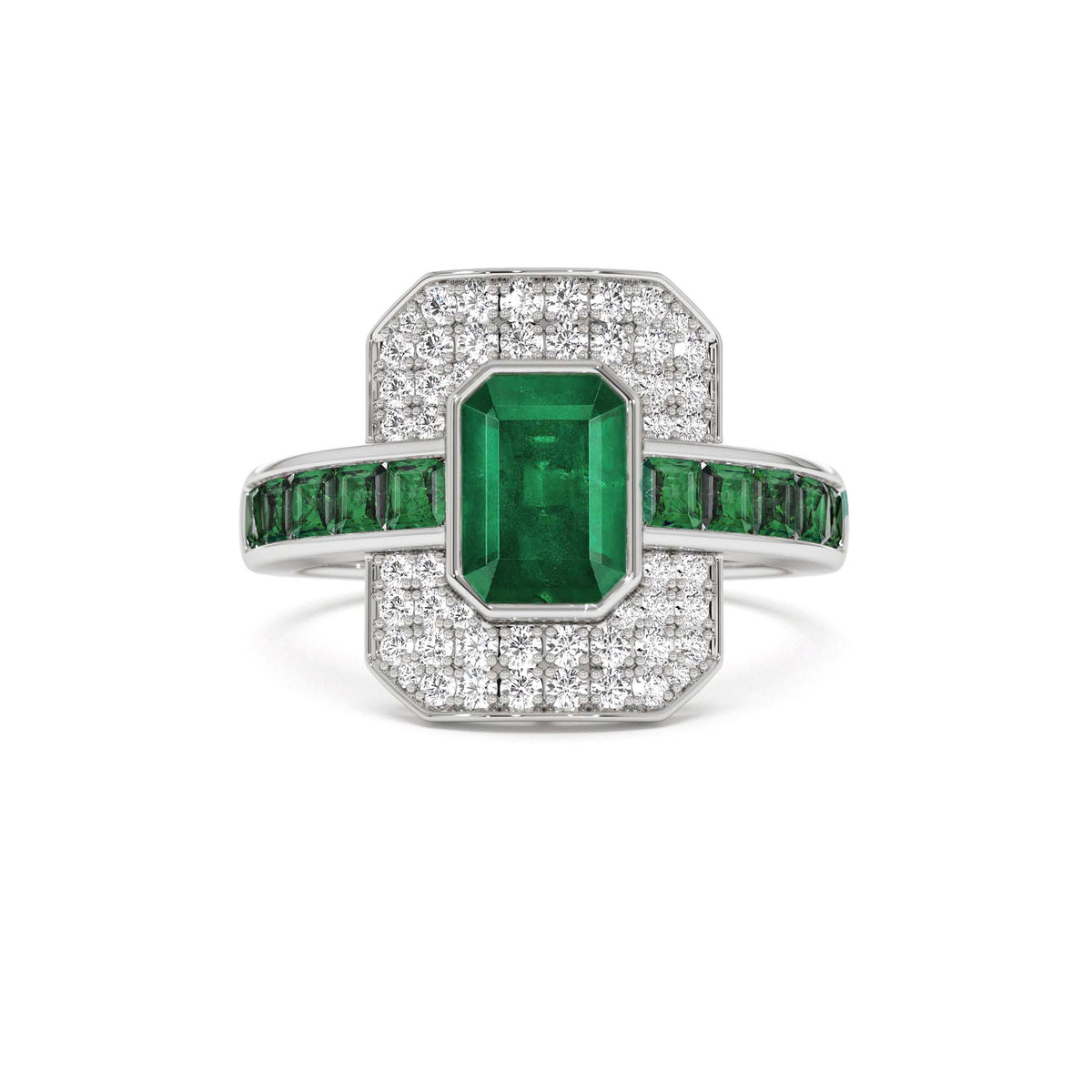 Unique Emerald and Diamond Art Deco Ring in 14K Gold — view 3