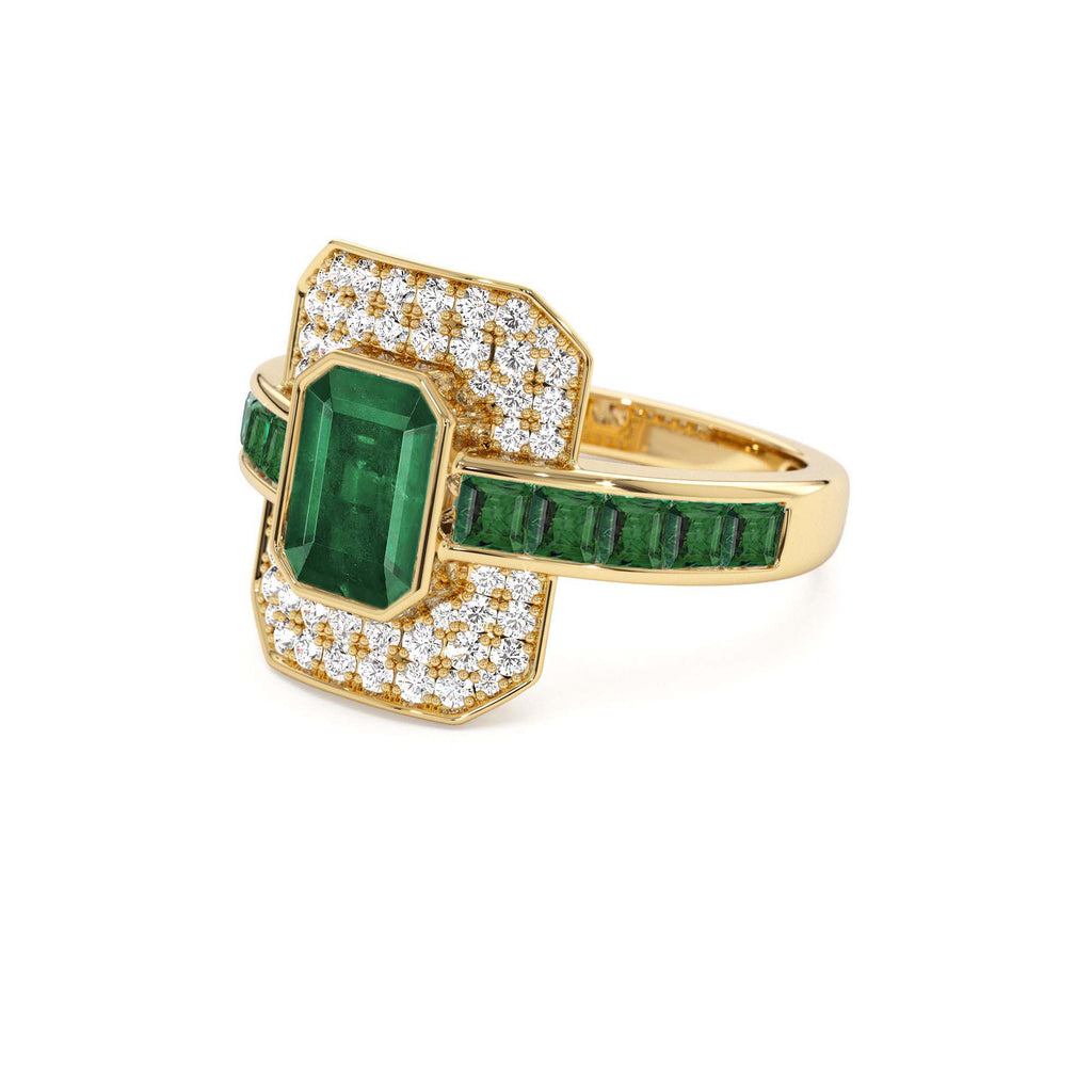 Unique Emerald and Diamond Art Deco Ring in 14K Gold — view 2